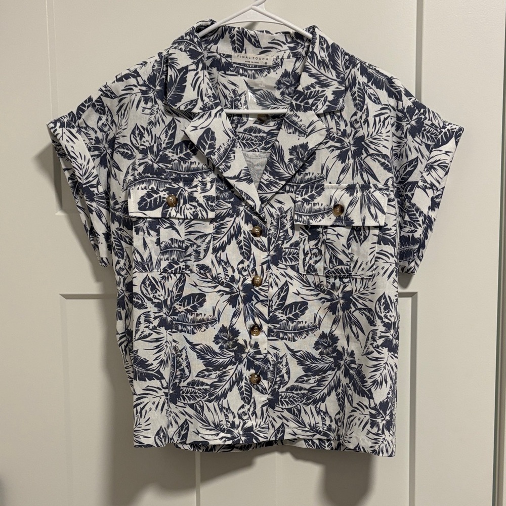 Final Touch White Button-Up Blouse with Navy Leaf Print